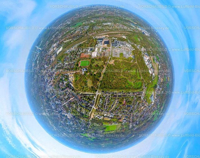 Herne230490055Stadtpark-topaz | Luftbild, Stadtgarten Stadtpark, Gewerbegebiet Am Trimbuschhof, Erdkugel, Fisheye Aufnahme, Fischaugen Aufnahme, 360 Grad Aufnahme, Herne-Mitte, Herne, Ruhrgebiet, Nordrhein-Westfalen, Deutschland