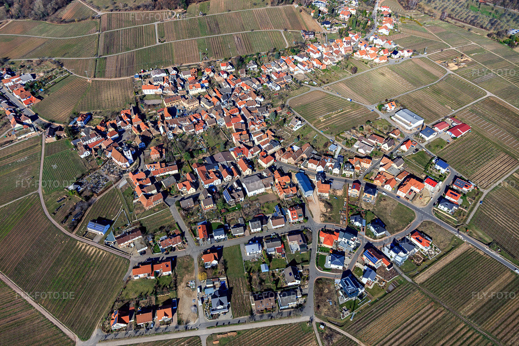 Luftbild: Winzerdorfübersicht im Winter aus Westen in Weyher in der Pfalz im Bundesland Rheinland-Pfalz in Deutschland. Foto: IMG_112706.jpg vom 27.02.2019 durch Werner Riehm/FLY-FOTO.de