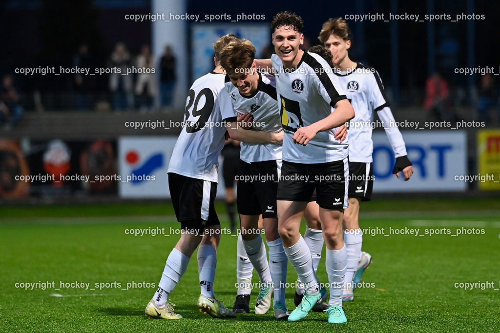SV Spittal vs. VST Völkermarkt 5.4.2024 | Jubel SV Spittal, #39 Fabian Hoi SV Spittal, #10 Adrian Steurer SV Spittal, #3 Killian Brandner SV Spittal, SV Spittal vs. VST Völkermarkt 5.4.2024, SV Spittal vs. VST Völkermarkt am 05.04.2024 in Spittal an der Drau (Goldeck Stadion), Austria, (Photo by Bernd Stefan)