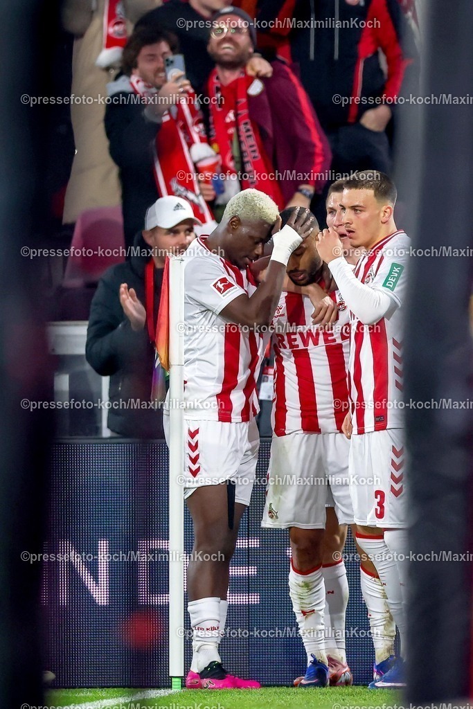 1FC14012601036 | 14.01.2026, Fußball, 1. FC Köln - FC Bayern München, 1. Fußball Bundesliga, 17. Spieltag, RheinEnergie-STADION, Saison 2025 2026: Torjubel nach dem Tor zum 1:0 durch Torschütze Linton Maina (1FC Koeln #37)  zusammen mit Ragnar Ache (1FC Koeln #09) Said El Mala (1FC Koeln #13)   DFB regulations prohibit any use of photographs as image sequences and or quasi-video.