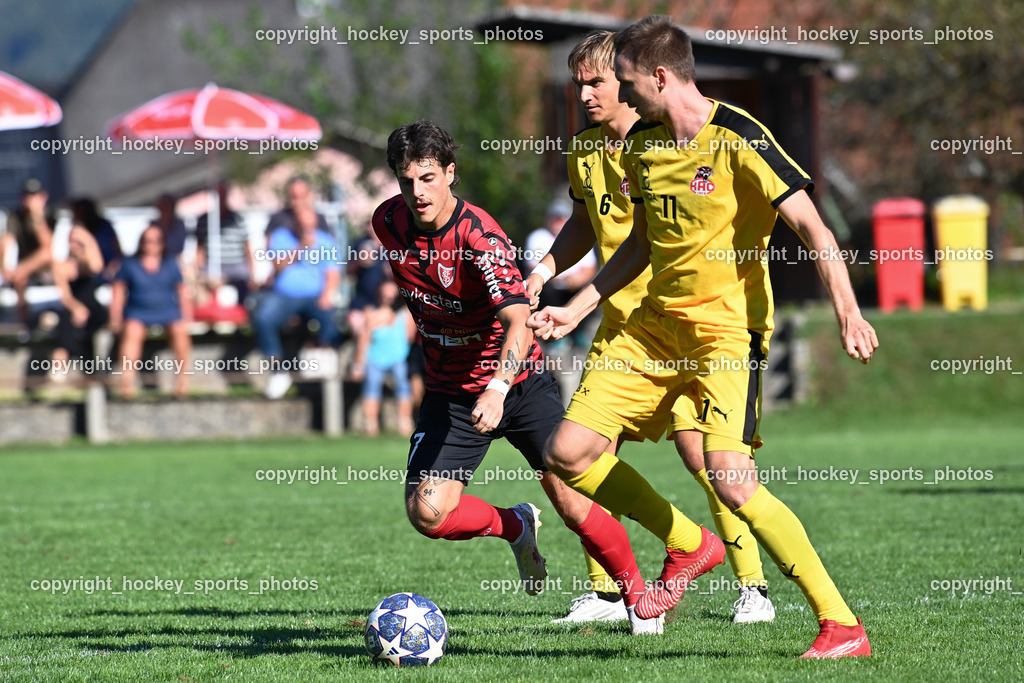 ATUS Ferlach vs.KAC 1909 16.9.2023 | #7 Christopher Katschnig ATUS Ferlach, #6 Peter Pucker KAC, #11 Mario Daniel Gugganig KAC, Kärntnerliga, ATUS Ferlach - KAC 1909 am 16.09.2023 in Ferlach (Sportplatz ATUS Ferlach), Austria, (Photo by Bernd Stefan)