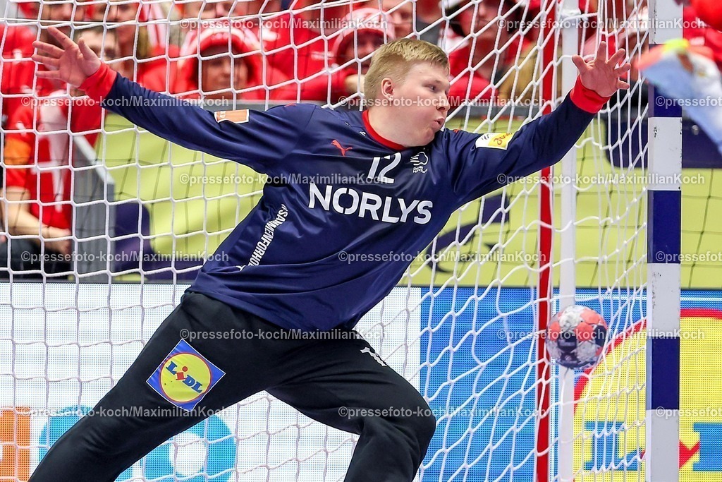 EHF24012602071 | 24.01.2026, Handball, Men's EHF EURO 2026, Dänemark -Spanien, Jyske Bank Boxen in Herning, Dänemark, Main Round:  Emil Nielsen (Denmark #12) in Aktion