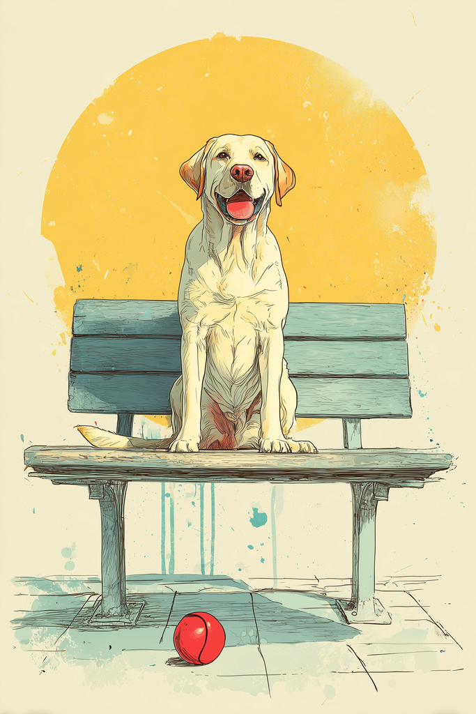 Poster: Urban Labs – Parkbank-Pause – Labrador im Stadtpark | Minimalistische Stadtpark-Szene mit sitzendem Labrador, warmem Gelbkreis und rotem Ball auf Papiertextur. - Realisiert mit Pictrs.com