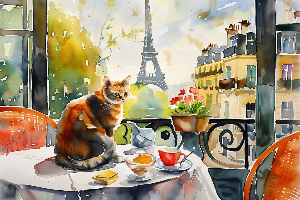 2406034 - Katze in Paris | Eine Katze auf einem Frühstückstisch in Paris im Stil eines Aquarellgemäldes.