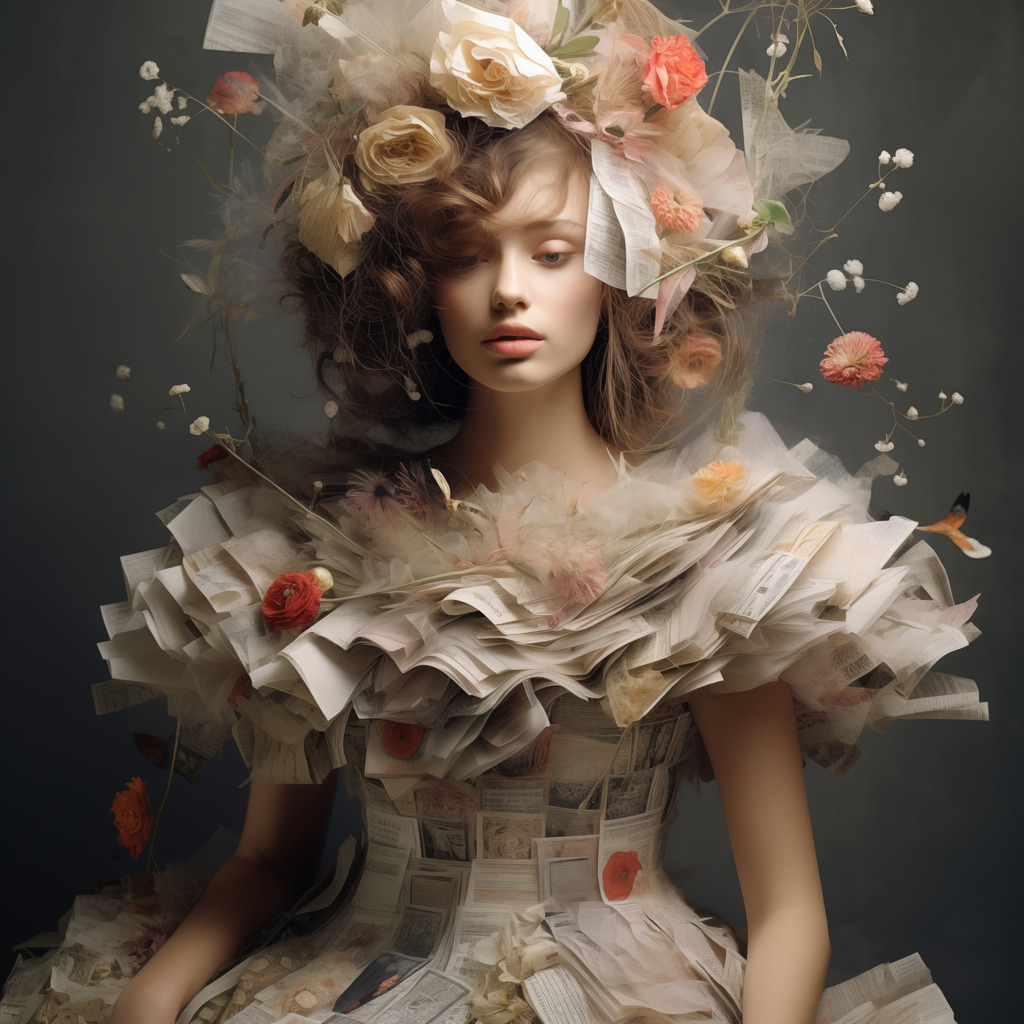 2403006 - Haute Couture | Haute Couture Motiv mit einem fantasievollen Kleid aus Papier und Blumen.