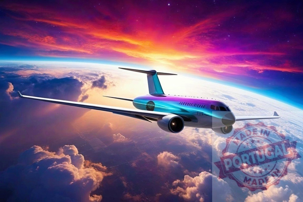 Futuristic airplane flying over earth at sunset | Airplane flying high above colorful clouds and the curved earth during a vibrant sunset - Realized with Pictrs.com