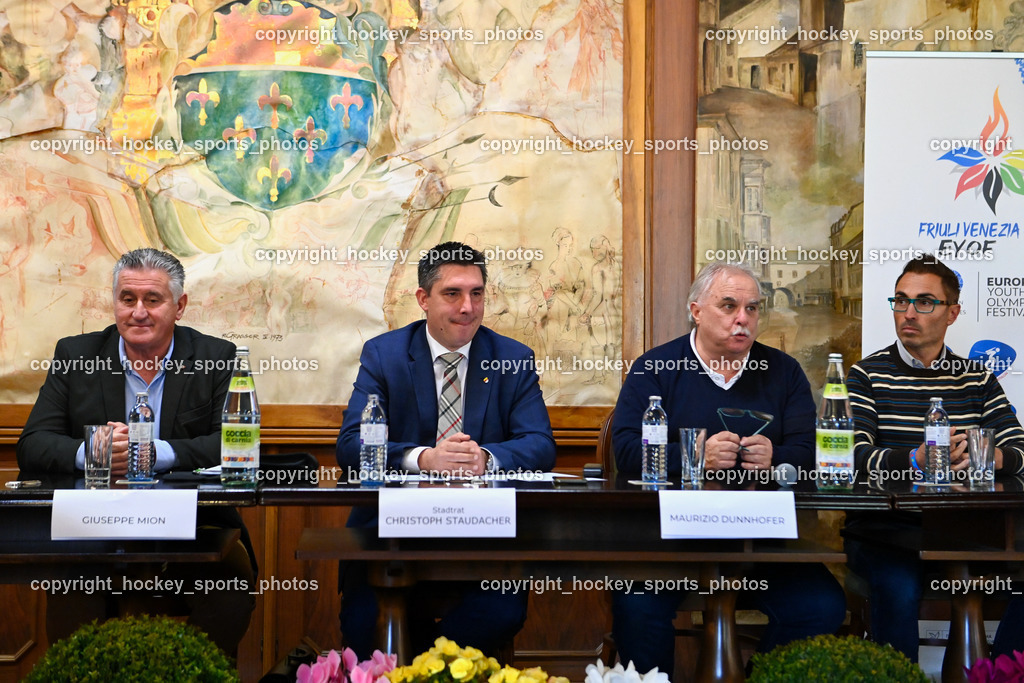 European Youth Olympic Festival EYOF 2023 Pressekonferenz | Giuseppe Mion, Stadtrat Spittal an der Drau Christoph Staudacher, Maurizio Dunnhofer, Stefano Mazzolini