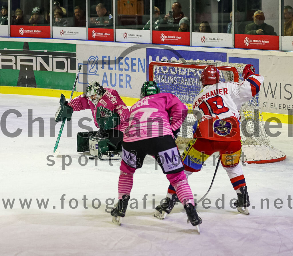 2025-10-24_087_TSV_Erding_gegen_Deggendorfer_SC | Erding, Deutschland, 24.10.2025:Eishockey, Oberliga Süd 2025 / 2026, 11. Spieltag, TSV Erding gegen Deggendorfer SC, Endergebnis: 2:4Torwart Leon Meder (Erding Gladiators, #39), Philipp Michl (Erding Gladiators, #77), Lars Bergbauer (Deggendorfer SC, #18)Foto: Christian Riedel / fotografie-riedel.net