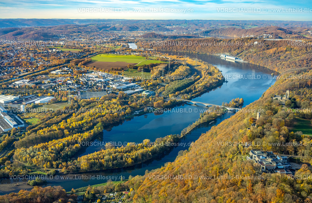 Hagen251103500 | Luftbild, Hengsteysee und Brücke Dortmunder Straße, Uhlenbruch Landschaftsschutzgebiet und herbstliche Bäume, Ardeywald Gebirge, Boele, Hagen, Ruhrgebiet, Nordrhein-Westfalen, Deutschland