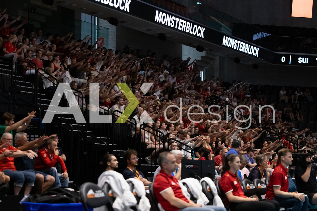 Austria v Switzerland - CEV European League Women | KRIENS, SWITZERLAND - JUNE 14: Fans of Switzerland celebrating a „Monsterblock“ during the CEV European League match between Austria and Switzerland at Pilatus Arena on June 14, 2026 in Kriens, Switzerland. - Realisiert mit Pictrs.com