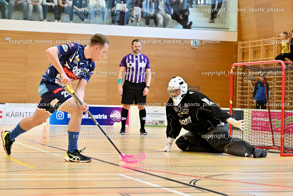 FBK Loka vs. VSV Unihockey | #29 Anze Brajic VSV Unihockey, #80 Blaz Tomazin FBK Loka, Penalty, FBK Loka vs. VSV Unihockey, FBK Loka vs. VSV Unihockey am 23.03.2025 in Villach (Ballspielhalle St. Martin), Austria, (Photo by Bernd Stefan)