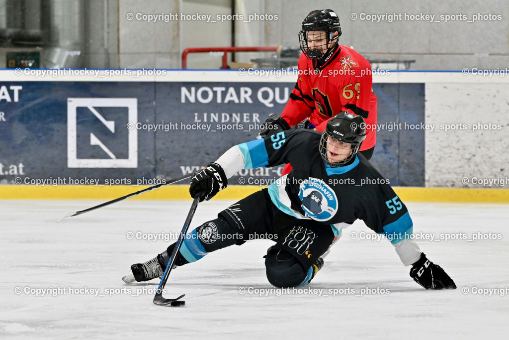 Lendhafen Seelöwen vs. Spartans Althofen | #55 Widnig David Lendhafen Seelöwen, #69 Köck Jakob Spartans Althofen, Lendhafen Seelöwen vs. Spartans Althofen, Lendhafen Seelöwen vs. Spartans Althofen am 14.02.2025 in Ferlach (HTC Eishalle Ferlach), Austria, (Photo by Bernd Stefan)