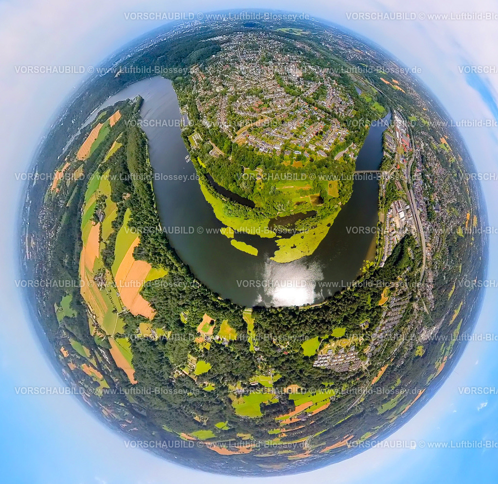 Essen230790244_Heisingen | Luftbild, Baldeneysee und Heisinger Bogen, Erdkugel, Fisheye Aufnahme, Fischaugen Aufnahme, 360 Grad Aufnahme, tiny world, Heisingen, Essen, Ruhrgebiet, Nordrhein-Westfalen, Deutschland