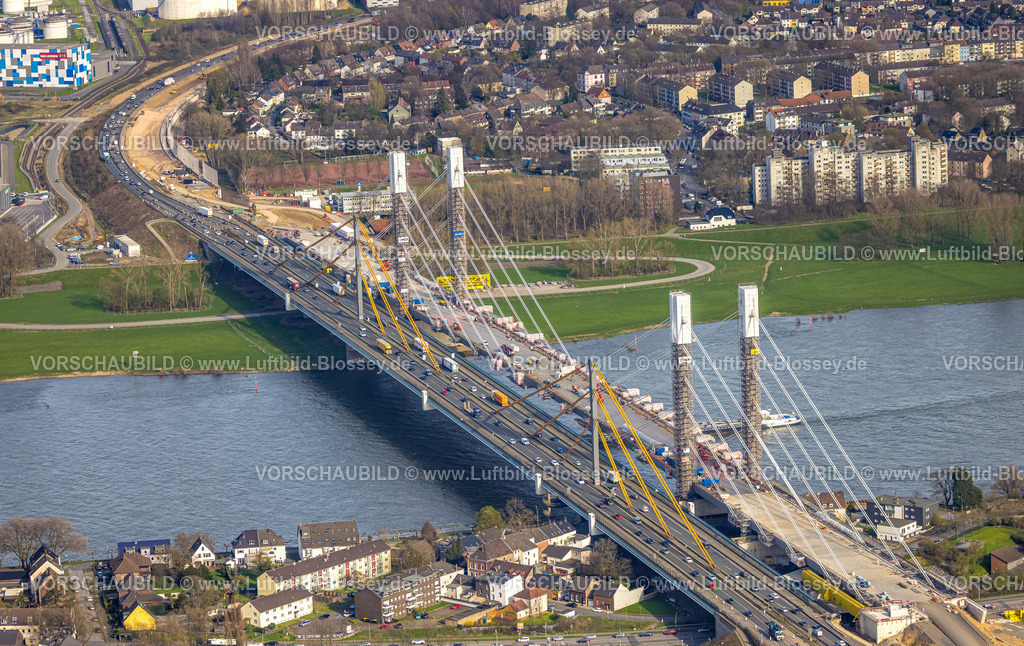 Duisburg230303171 | Luftbild, Baustelle mit Erweiterung der Autobahn A40 inklusive Ersatzneubau der Rheinbrücke Neuenkamp, Alt-Homberg, Duisburg, Ruhrgebiet, Nordrhein-Westfalen, Deutschland