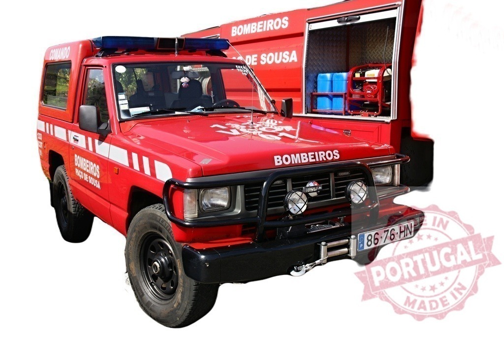 Red Nissan Patrol fire truck of Bombeiros de Sousa is parked with open storage compartment | Shiny red Nissan Patrol fire engine of Bombeiros de Sousa is parked, showing open storage compartment with equipment - Realized with Pictrs.com
