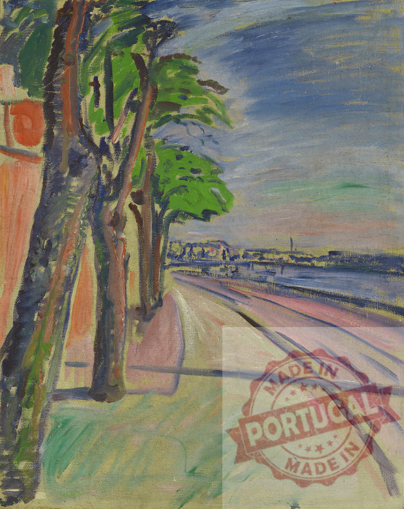 Oil painting of a tree-lined riverside road | Edvard Munch Oil painting depicting a tree-lined road running alongside a river in a stylized landscape - Realized with Pictrs.com