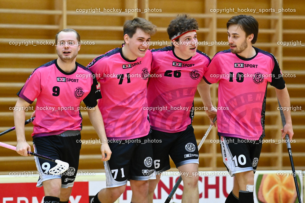 VSV Unihockey vs. Wiener Floorball Verein 7.1.2023 | Jubel Wiener Floorballverein Mannschaft, #9 Laurin Zehetner, #71 Christoph Platzer, #26 Alexander Hanschur, #10 Philipp Horn