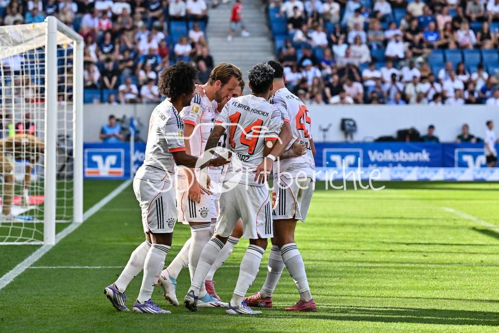 TSG 1899 Hoffenheim - FC Bayern München | Jubel der Bayern nach dem Treffer zum 0-3 durch Harry KANE (FC Bayern Muenchen 9) / Elfmeter / Tor / Torschuetze / Freude / Happy / Bundesliga: TSG 1899 Hoffenheim - FC Bayern München; PreZero-Arena am 20.09.2025 / DFL REGULATIONS PROHIBIT ANY USE OF PHOTOGRAPHS AS IMAGE SEQUENCES AND/OR QUASI-VIDEO