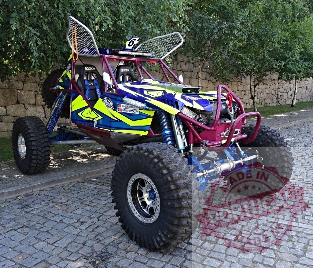 Professional buggy standing on cobblestone road | Colorful professional buggy standing on a cobblestone road near a stone wall - Realisiert mit Pictrs.com
