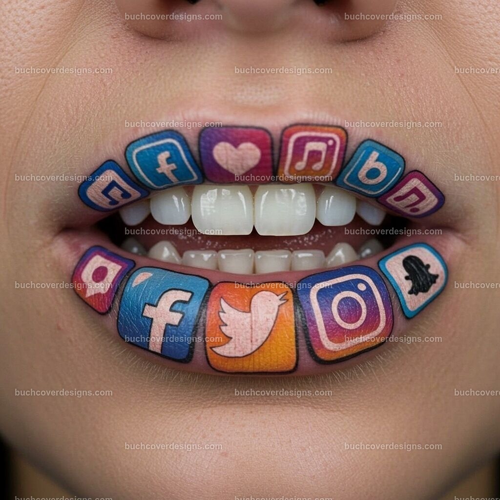 Mund Lippen geschminkt mit Facebook Twitter Instagram Logo | Entdecken Sie kreative Buch Cover Designs für Self-Publishing-Autoren und Verlage! Unsere maßgeschneiderten Designs ziehen Leser an und bringen Ihre Geschichten visuell zum Leben. Lassen Sie uns Ihr perfektes Cover gestalten!
