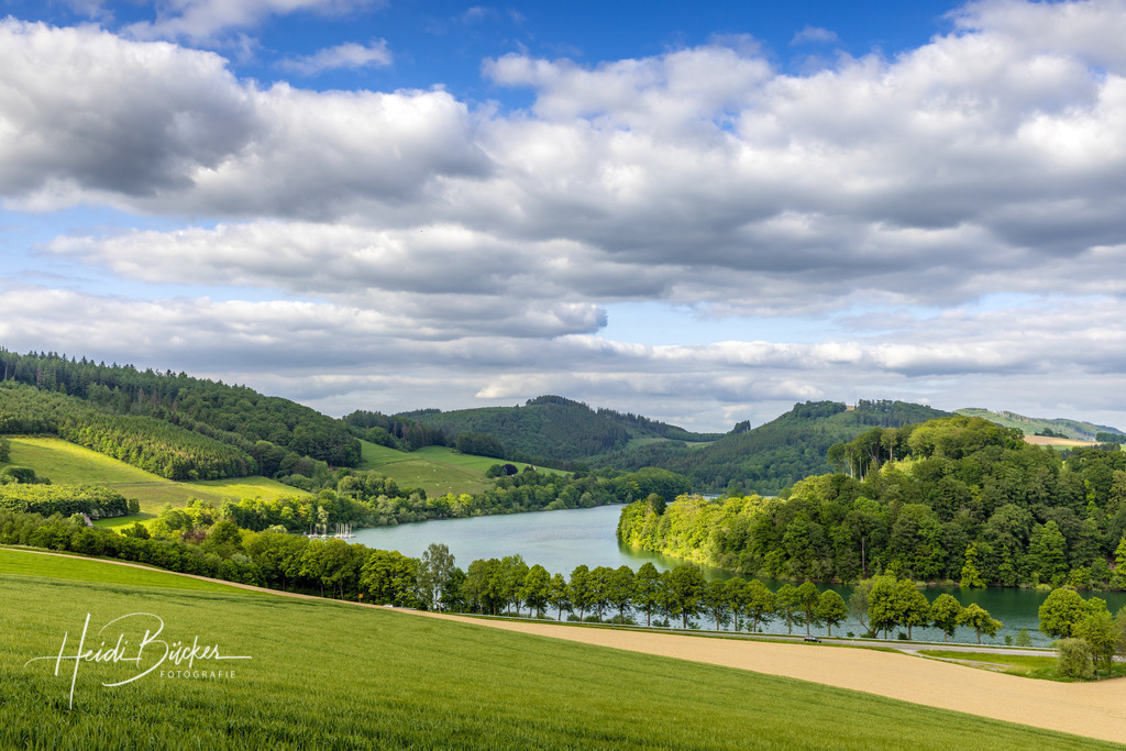 Hennesee bei Meschede | Blick über die Felder bei Mielinghausen auf den Hennesee - Realisiert mit Pictrs.com