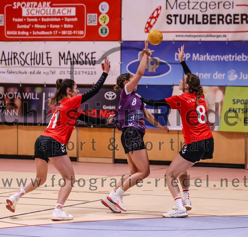 2025-01-18_052_SpVgg_Altenerding_gegen_TV_Altoetting | Erding, Deutschland, 18.01.2025:Handball, Bezirksoberliga Frauen Altbayern 2024 / 2024, 11. Spieltag, SpVgg Altenerding gegen TV Altötting, Endergebnis: 19:24Sarah Greilinger (TV Altötting, #31), Lena Prem (SpVgg Altenerding, #8), Stephanie Spinner (TV Altötting, #8)Foto: Christian Riedel / fotografie-riedel.net