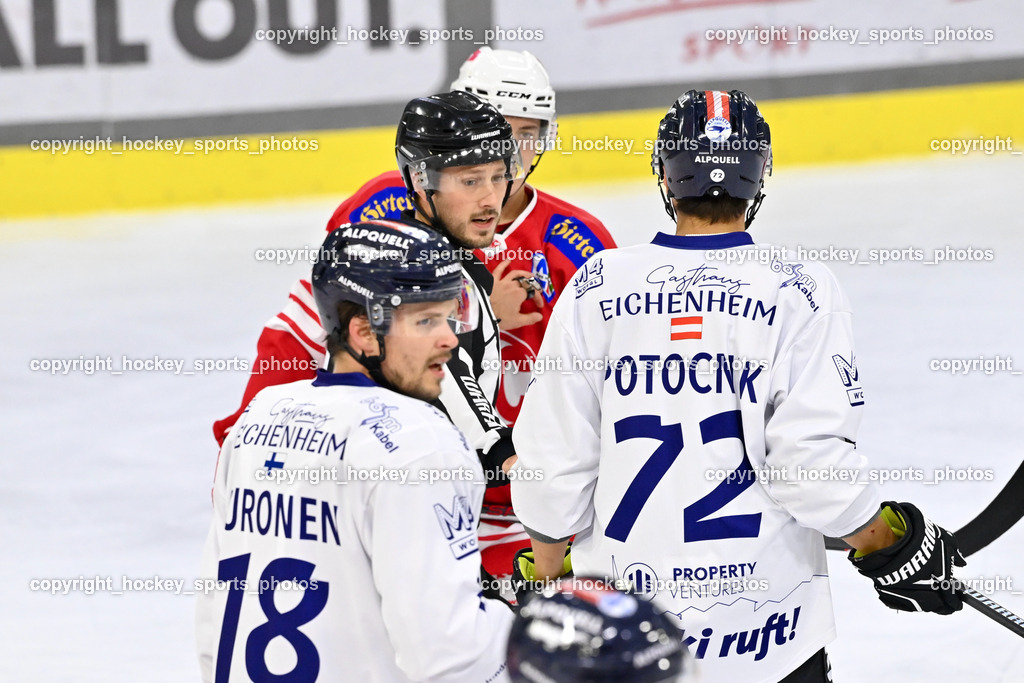 EC KAC Future Team vs. Die Adler Kitzbühl 7.10.2023 | #18 Kuronen Jimi EC Kitzbühel, #72 Potocnik Luca EC Kitzbühel, LEGAT Konrad RefereeEC KAC Future Team vs. Die Adler Kitzbühl 7.10.2023, EC KAC Future Team vs. Die Adler Kitzbühl am 07.10.2023 in Klagenfurt (Messehalle Klagenfurt), Austria, (Photo by Bernd Stefan)
