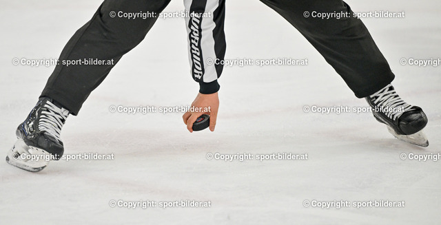 AUT, ICE, Black Wings Linz (AUT) vs Fehervar AV 19 (HUN) | 22.12.2023, Eishalle Linz, AUT, ICE Eishockey Liga, Black Wings Linz (AUT) vs Fehervar AV 19 (HUN), im Bild Schiedsrichter beim aufnehmen der Scheibe


// ICE win2day Hockey League Match between Black Wings Linz (AUT) vs Fehervar AV 19 (HUN) in Linz, Austria on 2023/12/22