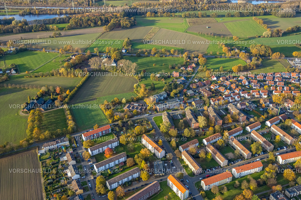 Hamm231102036 | Luftbild, Wohnsiedlung mit Reihenhäusern Kurt-Schumacher-Straße, Herringer Heide Wiesen und Felder umgeben von herbstlichen Laubbäumen, Stadtbezirk Herringen, Hamm, Ruhrgebiet, Nordrhein-Westfalen, Deutschland