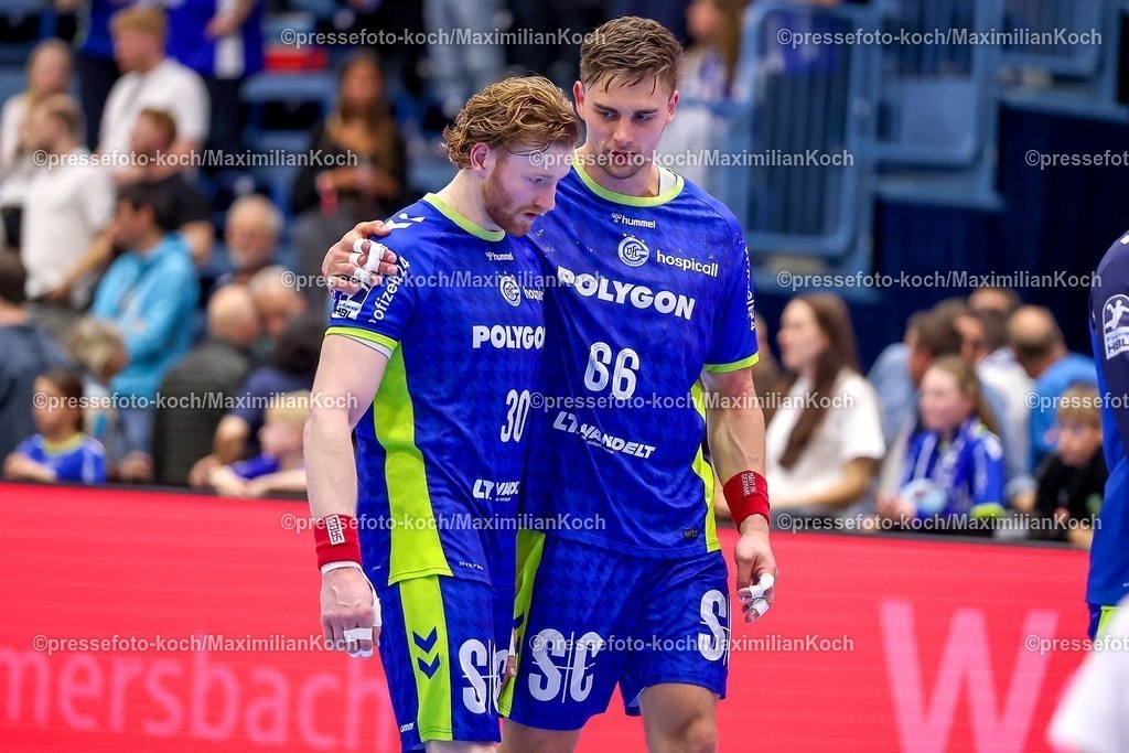 Gum30042601188 | 30.04.2026, Handball, 1. HBL, VfL Gummersbach - Frisch Auf! Göppingen, Saison 2025 / 2026 Herren, Schwalbe-Arena: Tom Kiesler (VfL Gummersbach #30) Stepan Zeman (VfL Gummersbach #66) 