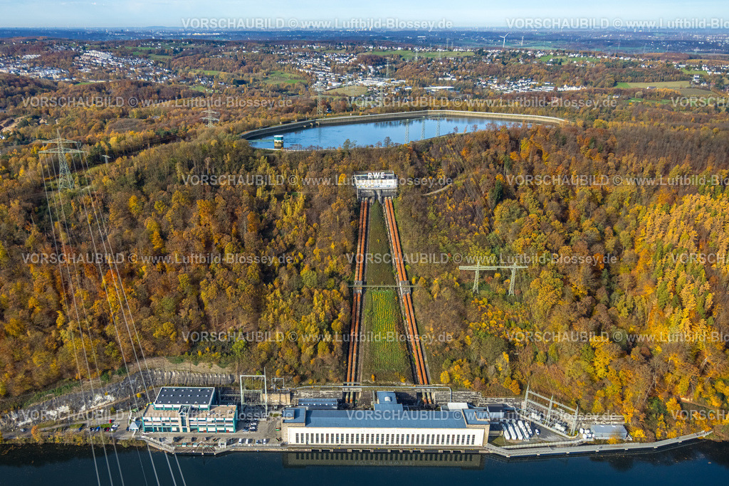 Hagen251100823-2 | Luftbild, Ardeygebirge Herbstwald mit RWE Koepchenwerk und Hochspeicherbecken, Herdecke, Ruhrgebiet, Nordrhein-Westfalen, Deutschland