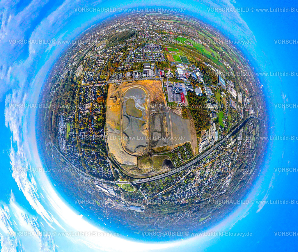 Recklinghausen241090437ehemTrabrennbahn | Luftbild, Baustelle an der ehemaligen Trabrennbahn, Recklinghausen Hillerheide Wohnen am Wasser, ISEK Hillerheide Quartiersentwicklung, Autobahn A2 Anschlussstelle Recklinghausen-Süd, Erdkugel, Fisheye Aufnahme, Fischaugen Aufnahme, 360 Grad Aufnahme, tiny world, little planet, fisheye Bild, Hillerheide, Recklinghausen, Ruhrgebiet, Nordrhein-Westfalen, Deutschland