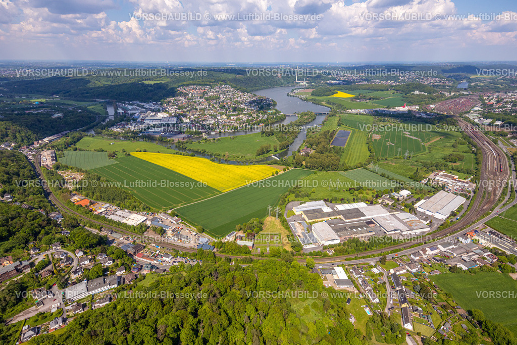 Wetter230502995 | Luftbild, Gewerbegebiet Volmarsteiner Straße, Rangierbahnhof Hagen-Vorhalle, Ortsansicht Wetter, Fluss Ruhr und Obergraben, Gemeinschaftswasserwerk Volmarstein, Harkortsee, Rapsfelder, Wetter, Ruhrgebiet, Nordrhein-Westfalen, Deutschland