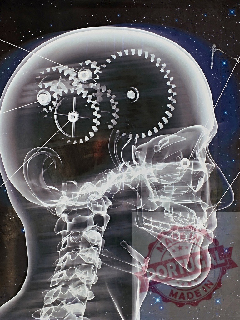 Gears turning inside a translucent human head against a starry sky | X-ray vision of a translucent human head with mechanical gears turning inside the brain against a starry night sky, representing imagination, intelligence and creativity - Realized with Pictrs.com