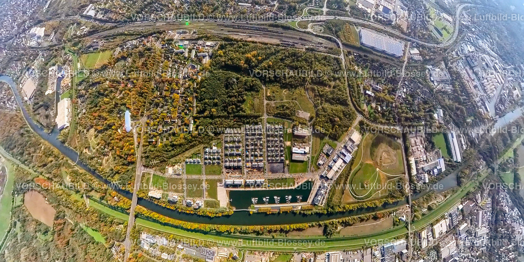 Gelsenkirchen20221006_1GrafBismarck | Luftbild, Hafenquartier Graf Bismarck, Jachthafen Marina, Rhein-Herne-Kanal, Fisheye Aufnahme, Fischaugen Aufnahme, 360 Grad Aufnahme, Bismarck, Gelsenkirchen, Fisheyeaufnahme, Ruhrgebiet, Nordrhein-Westfalen, Deutschland