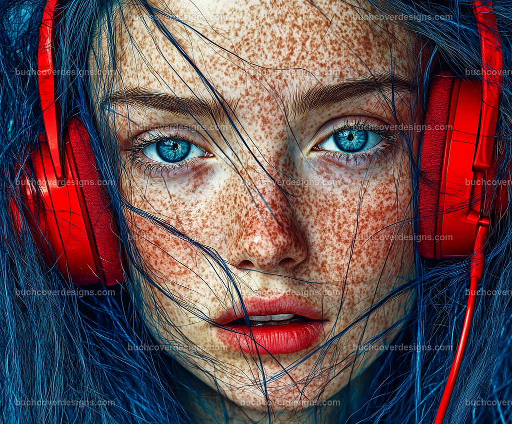 Gesicht einer Frau mit Kopfhörer (9) | girl face with skin freckles ,blue hair spread over the surface of the image, with a red headphone - studio light - vivid colors - high detail - realistic - photo --chaos 35 --ar 6:5 --stylize 50 --weird 1100 --v 6.1 Job ID: 50e17b9b-9746-4b83-bc79-4ebc576eaa64