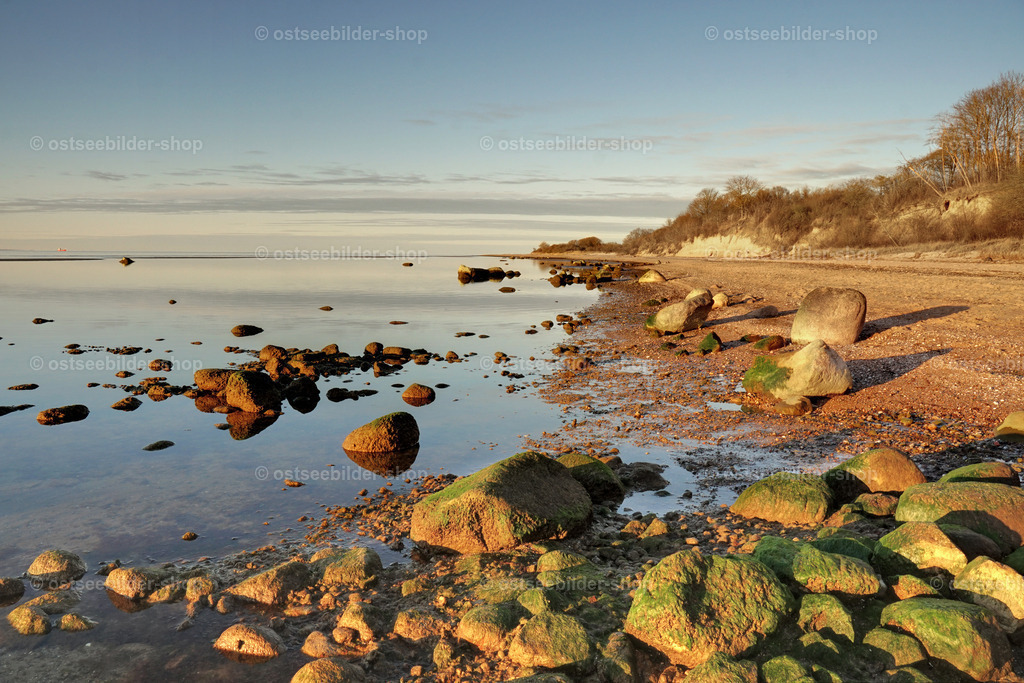 Steine im Abendlicht an der Steilküste | Steine vor der Steilküste werden bei niedrigem Wasserstand der Ostsee sichtbar. Die Abendsonne taucht Strand und Kliff in ein goldenes Licht.