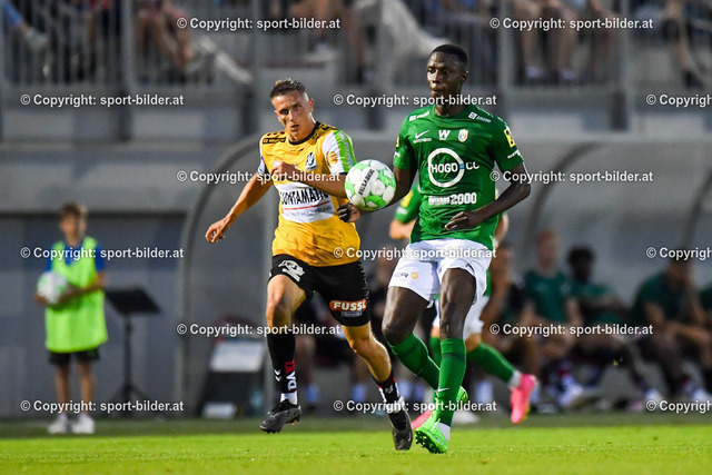 AUT, SPG WSC Hertha / FC Wels vs SV Ried | 22.07.2023, Huber Arena Wels, AUT, OEFB Uniqa Cup, SPG WSC Hertha / FC Wels vs SV Ried, im Bild Melaine Camara (WSC Hertha) vs Fabian Wohlmuth (Ried)



// OEFB Uniqa Cup Match between SPG WSC Hertha / FC Wels vs SV Ried in Wels, Austria on 2023/07/22