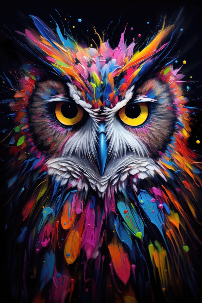 2308091 - Neon Eule |  Eine Eule in bunten Neon Farben im Stil eines Gemäldes.