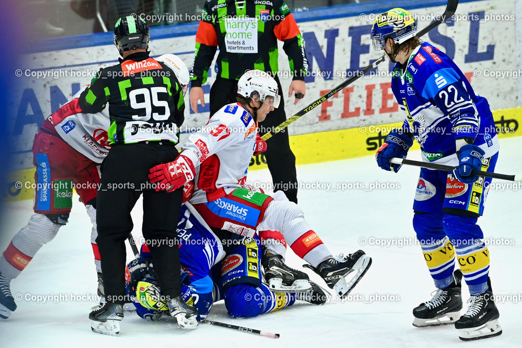 EC IDM WÄRMEPUMPEN VSV vs. EC KAC | #22 SCHERBAK Nikita EC VSV, #97 Hochegger Fabian EC KAC, #12 Pearson Chase EC VSV,  Konc Daniel Referee, EC IDM WÄRMEPUMPEN VSV vs. EC KAC, EC IDM WÄRMEPUMPEN VSV vs. EC KAC am 02.02.2025 in Villach (Stadthalle Villach), Austria, (Photo by Bernd Stefan)