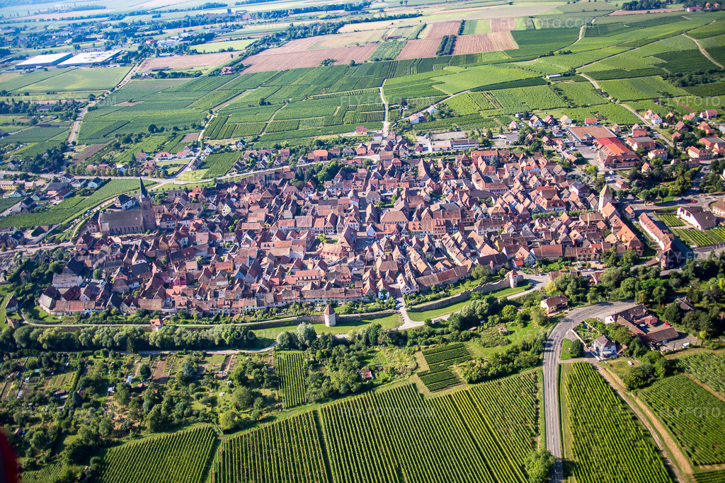 Aerial view: View of the town from the north in Bergheim in the state Haut-Rhin, France. – Photo: IMG_093326.jpg taken on 08/16/2016 by Werner Riehm/FLY-FOTO.com – Resolution of the original: 5472 x 3648 px