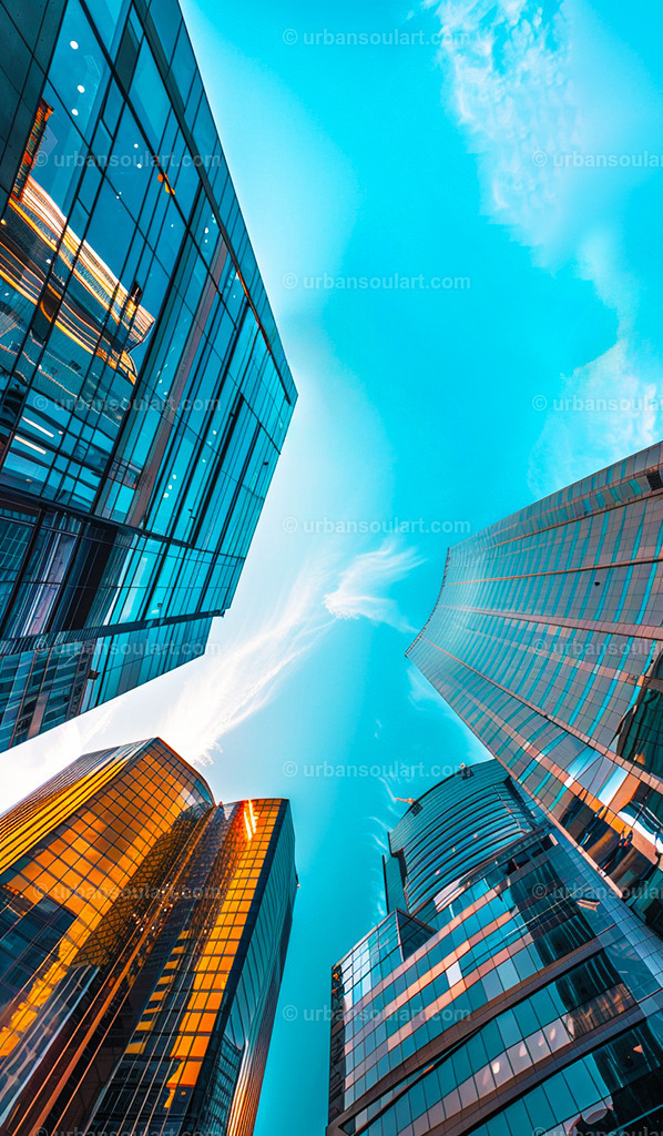 Looking Up At Modern Skyscrapers | This dynamic cityscape captures the striking view of modern skyscrapers reaching into the sky. Perfect for adding an urban, architectural vibe to any space, ideal for lovers of contemporary design. - Realisiert mit Pictrs.com