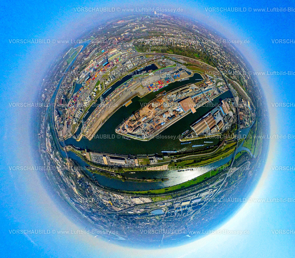 Duisburg250490049Duisport | Luftbild, duisport Hafen, Hafengebiet mit Stahlinsel, Ölinsel, Kohleninsel Container Terminal und Schrottinsel Rohstoffinsel, Insel Pontwert am Hafenkanal, Erdkugel, Fisheye Aufnahme, Fischaugen Aufnahme, 360 Grad Aufnahme, tiny world, little planet, fisheye Bild, Ruhrort, Duisburg, Ruhrgebiet, Nordrhein-Westfalen, Deutschland