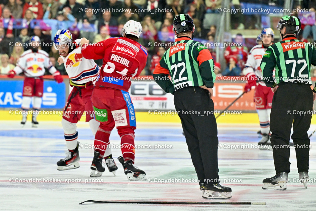 EC KAC vs. EC Red Bull Salzburb | Faustkampf, #64 Preiml Maximilian EC KAC, #17 Kosmachuk Scott EC RED BULL SALZBURG,  EC KAC vs. EC Red Bull Salzburb, EC KAC vs. EC Red Bull Salzburb am 04.04.2025 in Klagenfurt (Heidi Horten Arena), Austria, (Photo by Bernd Stefan)