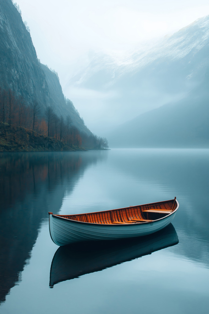 2408018 - Einsames Boot | Fotorealistische Illustration eines Bootes auf einem einsamen Bergsee. Bestellen Sie dieses Motiv als hochwertigen Kunstdruck in verschiedenen Ausführungen und Größen.