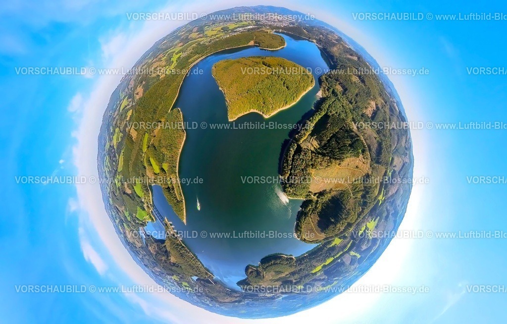 Attendorn230990310BiggeseeGilberginsel | Luftbild, Biggesee mit Gilberginsel, Erdkugel, Fisheye Aufnahme, Fischaugen Aufnahme, 360 Grad Aufnahme, tiny world, Neu-Listernohl, Attendorn, Sauerland, Nordrhein-Westfalen, Deutschland
