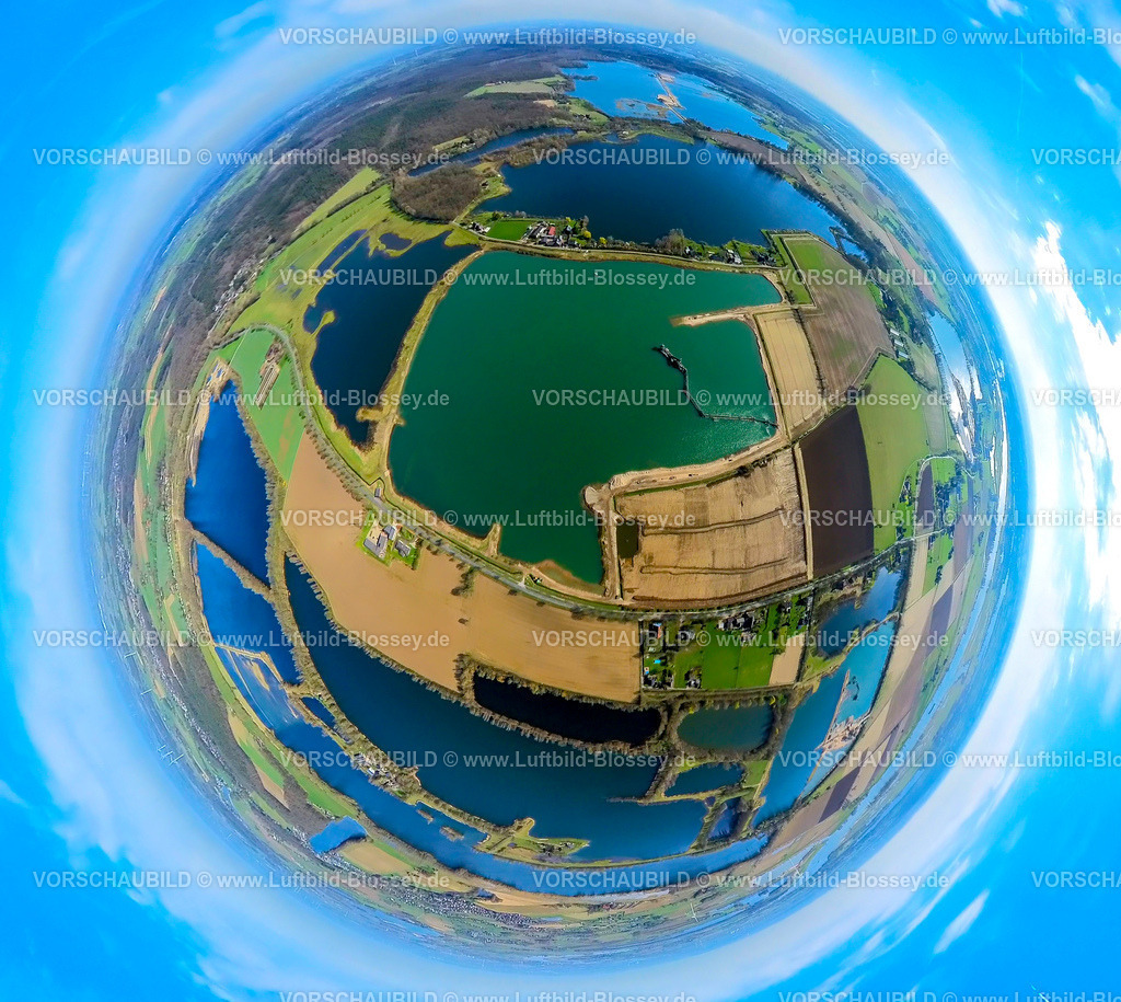 Wesel240390098Wesel-Joeckern | Luftbild, Rheinaue Bislich-Vahnum Landschaftsschutzgebiet LSG, Bergen See, Naturschutzgebiet Bislicher Meer und Wat Ley, Erdkugel, Fisheye Aufnahme, Fischaugen Aufnahme, 360 Grad Aufnahme, tiny world, little planet, fisheye Bild, Bislich, Wesel, Nordrhein-Westfalen, Deutschland