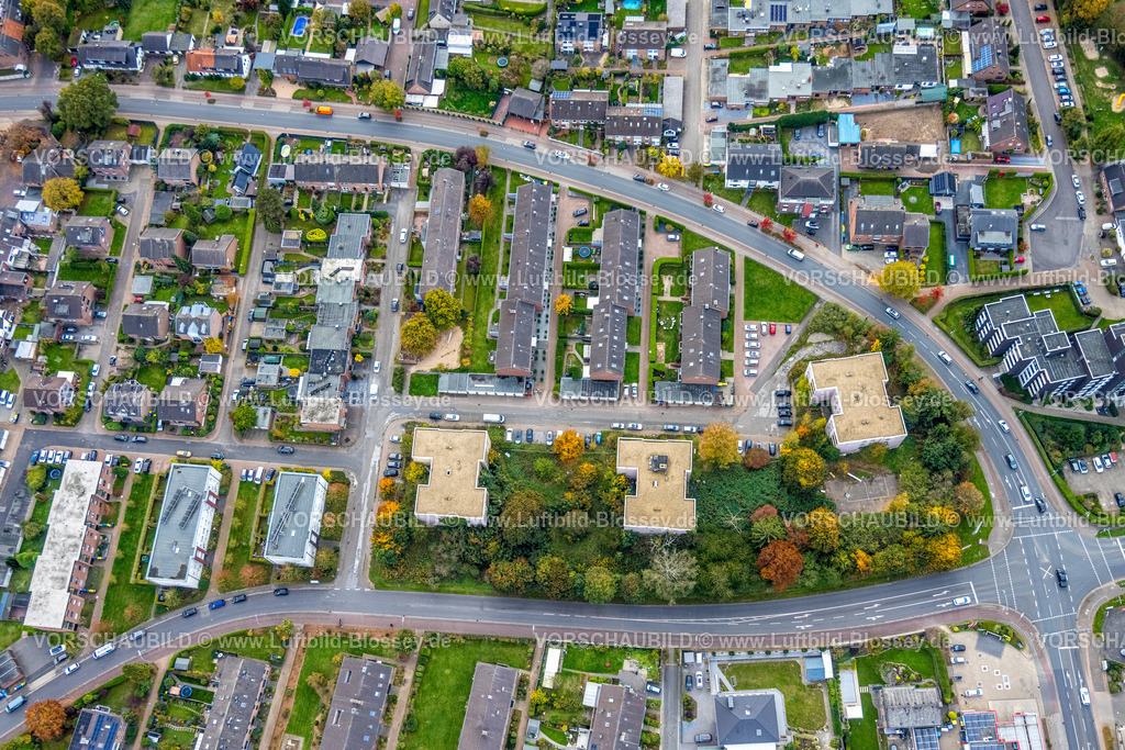 Goch251006220 | Luftbild, Reihenhaus Mietshäuser Duvelskamp, zwischen Westring und Mühlenstraße, herbstliche Bäume, Goch, Niederrhein, Nordrhein-Westfalen, Deutschland
