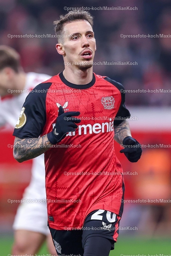 DFB05022502290 | 05.02.2025, Fußball, DFB-Pokal Viertelfinale, Bayer 04 Leverkusen - 1.FC Köln, BayArena, Saison 2024 2025: Alejandro Grimaldo (Bayer04 Leverkusen #20)DFB regulations prohibit any use of photographs as image sequences and or quasi-video.