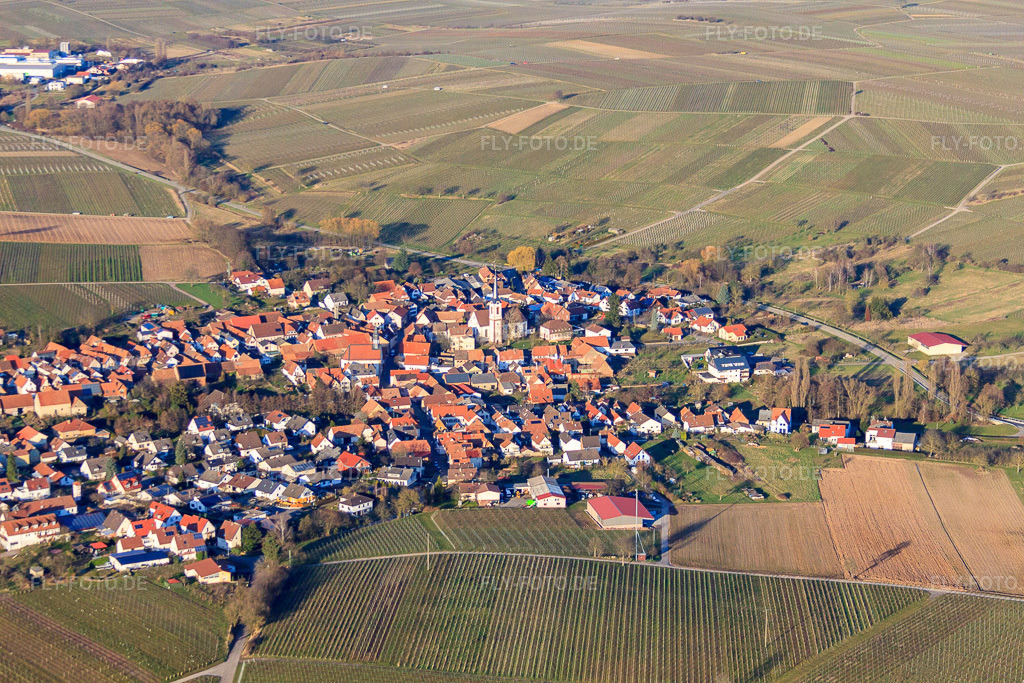 Luftbild: Dorfansicht im Winter aus Süden in Göcklingen im Bundesland Rheinland-Pfalz in Deutschland. Foto: IMG_62409.jpg vom 24.02.2014 durch Werner Riehm/FLY-FOTO.de
